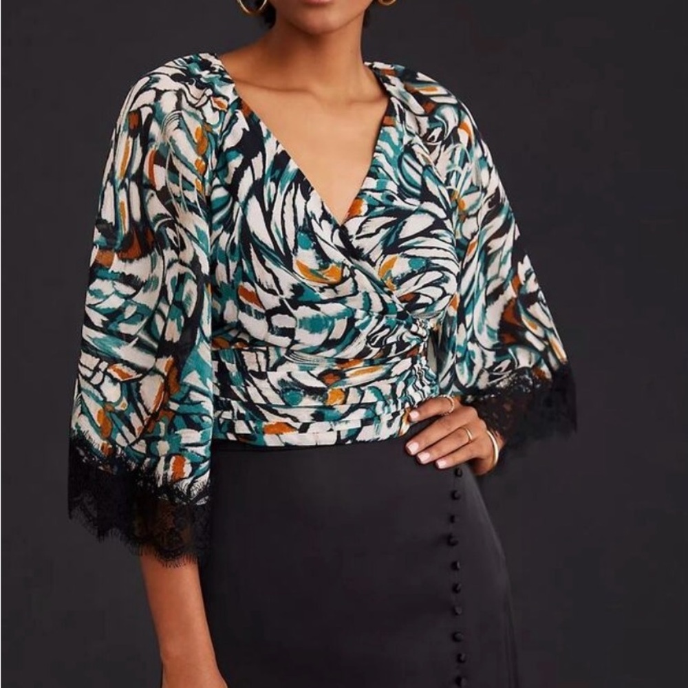 Anthropologie flutter sleeve wrap top xs chiffon lace